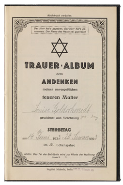 Verzierter Innentitel eines Traueralbums mit handschriftlichen Eintragungen