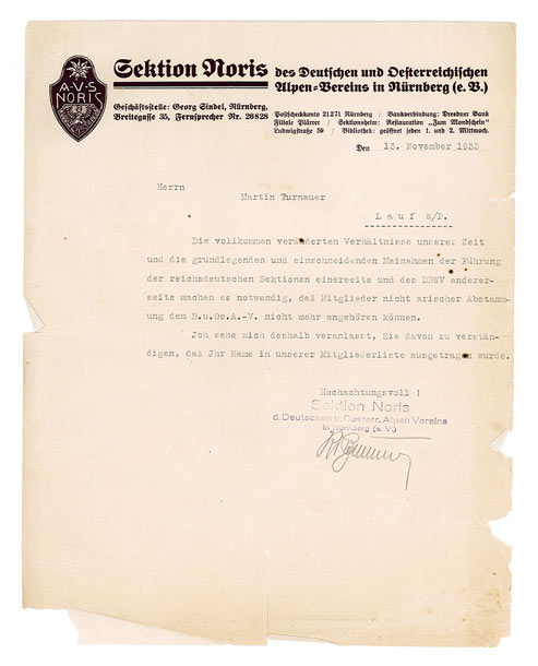Mit Schreibmaschine verfasster Brief mit Briefkopf der Sektion Noris des Alpenvereins