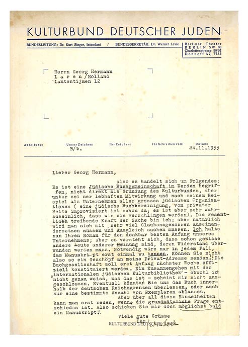 Eng mit Schreibmaschine getippter Brief auf dem Briefkopf des Kulturbunds Deutscher Juden