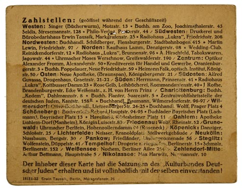 Rückseite eines vergilbten Ausweisdokuments mit einer Liste aller Zahlstellen für den Mitgliedsbeitrag