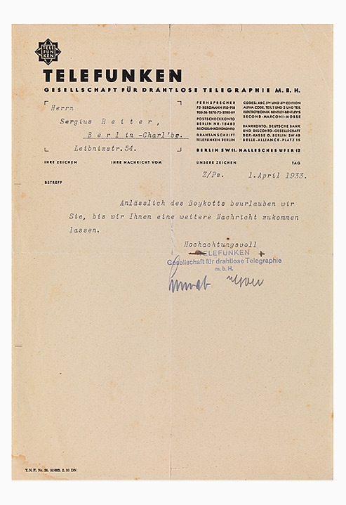 Short typed letter with the letterhead of Telefunken GmbH