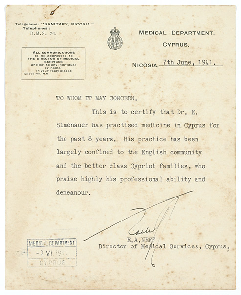 Typewritten document in English, signed and stamped