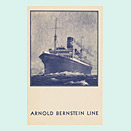 Vertical-format fold-out card with a drawing of a steamship on the front and a six-course menu inside.