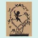 Silhouette of a small angel on a branch conducting a flock of singing birds perched on the surrounding branches.