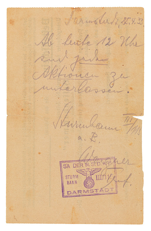 Note written hastily in pencil on a small piece of paper bearing the stamp of the SA Darmstadt