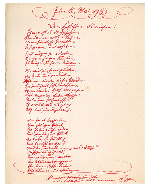 Poem written in red ink in an ornate hand