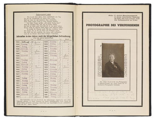 Double-page spread, each page with a black border, on the left a table of the yahrzeit dates for 1933–1982 and above that a poem entitled "Jahrzeit-Licht"—"Yahrzeit Light." On the right a black-and-white photo showing the deceased as an elderly lady in a black dress with her hair in a bun.