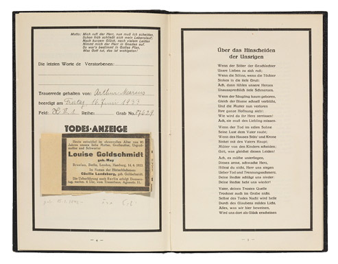Double-page spread, each page with a black border, on the left a death notice and a form with handwritten entries; on the right the poem "On the Passing of One of Our Own," which begins with the lines: "When the founder of our family line / Calls our dear ones to join him."