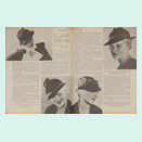 Long article running over two pages with four fashion photos of various hat designs