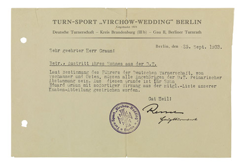Typed letter on the headed paper of the Virchow-Wedding gymnastics club in Berlin.