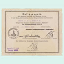 Form printed in Gothic type with decorative border, stamps, and preprinted signatures. Filled in with typescript.