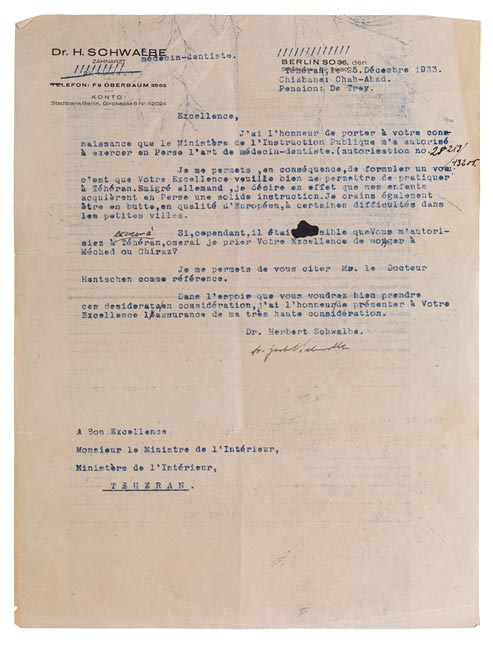 Typewritten letter which Schwalbe copied onto a sheet of his stationery using carbon paper. The stationery bears the letterhead of his dental practice in Berlin and Schwalbe added his Tehran address.