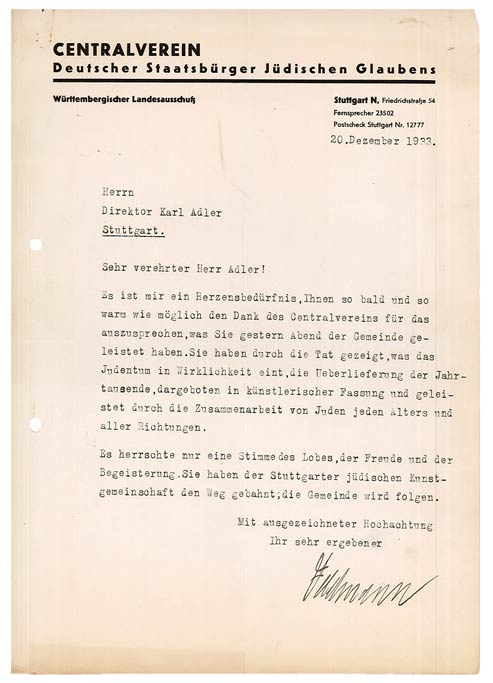 Typed letter on the stationary of the Central Association of German Citizens of Jewish Faith