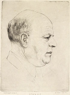 Etching with portrait looking to the right