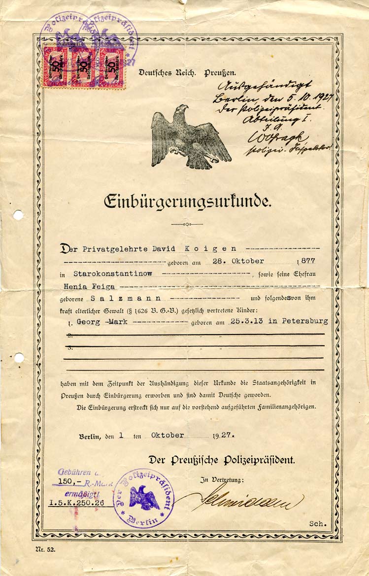 Dokument zur Einbürgerung, unterschrieben vom Preußischen Polizeipräsidenten