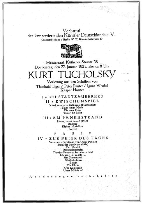 Program for a reading by Kurt Tucholsky at the Meistersaal on January 27, 1921