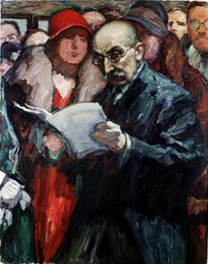 Gemälde: Mann liest Zeitung, dahinter Menschenmenge und Frau im roten Hut