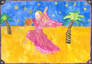 Children's painting of the prophetess Miriam with her timbrel