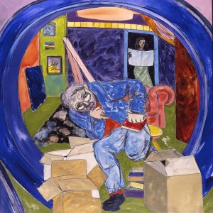Man with boxes, seen through a key-hole