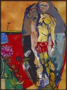 Painting by Kitaj with David Hockney and a pink flower