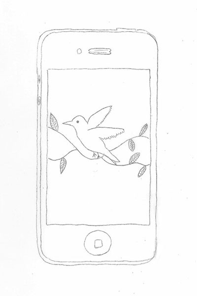 cell phone with a drawing of a bird