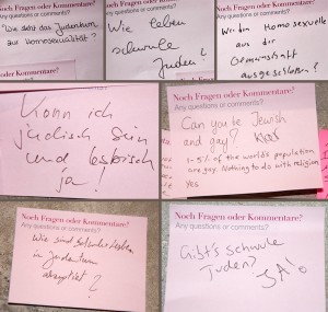 Post-its with questions: "What does Judaism say about homosexuality?", "How do gay Jews live?", "Are homosexual Jews excluded from the community?", "Can I be Jewish and lesbian? - Yes!", "Can you be Jewish and gay? - Of course. 1-5% of the world's population is gay. Nothing to do with religion. Yes.", "Are gays and lesbians accepted in Judaism?", "Are there gay Jews?"