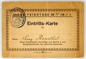 Admission ticket for the synagogue during the High Holidays in 1936, issued for Franz Rosenthal