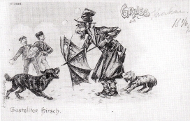 Man thwarting off dog with a tattered umbrella