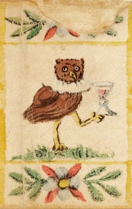 A depiction of a bird holding a wine goblet