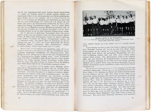 Two pages of a book with text and a photograph of a soccer team
