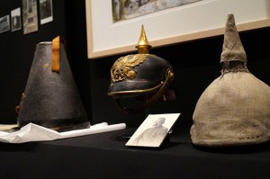 A spiked helmet in a showcase