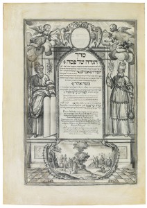 In black and white drawn book page with Hebrew letters and two male figures