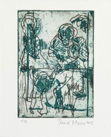 Color etching of four persons on a balkony