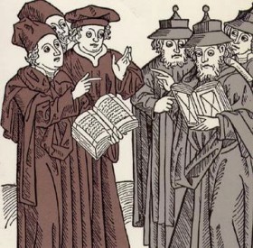 Picture of scholars with books discussing with each other