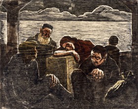 Woodcut with five tired people, two sitting on the floor, one leaning on a wooden box and two standig in the background