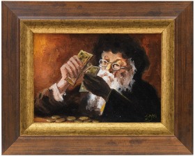 Painting of a bearded man with a black hat counting money