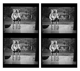 Four black-and-white photographs of two young twin girls