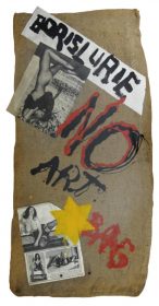 A jute bag with pin-up girls, a yellow star, and the words "Boris Lurie No Art Bag"