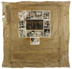 Collage of a newspaper picture of concentration camp prisoners surrounded by photographs of pin-up-girls