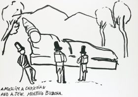 Paintstick drawing: A Muslim, a Christian and a Jew Meeting Buddha