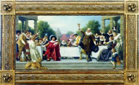 Oil paining in gold frame depicting a banquet