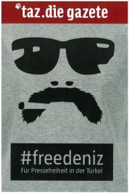 Postcard with stylized sunglasses, mustache, and cigarette and the inscription “#freedeniz — for press freedom in Turkey”