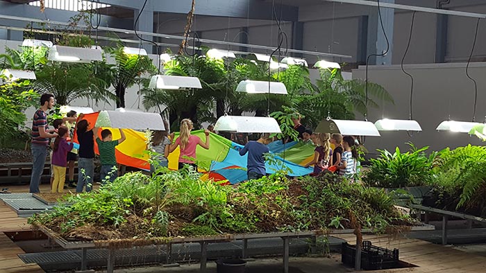 Children stand between rows of plants in the Diaspora Garden, in a circle around a colorful cloth.