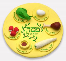 Yellow plate with foods made of clay and the inscriptions: “Pessah” in the center and all around the edge “Chazeret”, “Beitzah”, “Zeroa”, “Maror”, “Charoset”, and “Karpas”