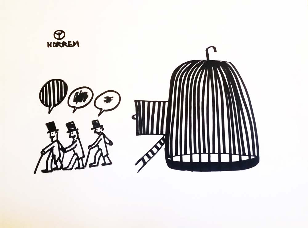 Three men with thought bubbles step out of a bird cage (black-and-white drawing)