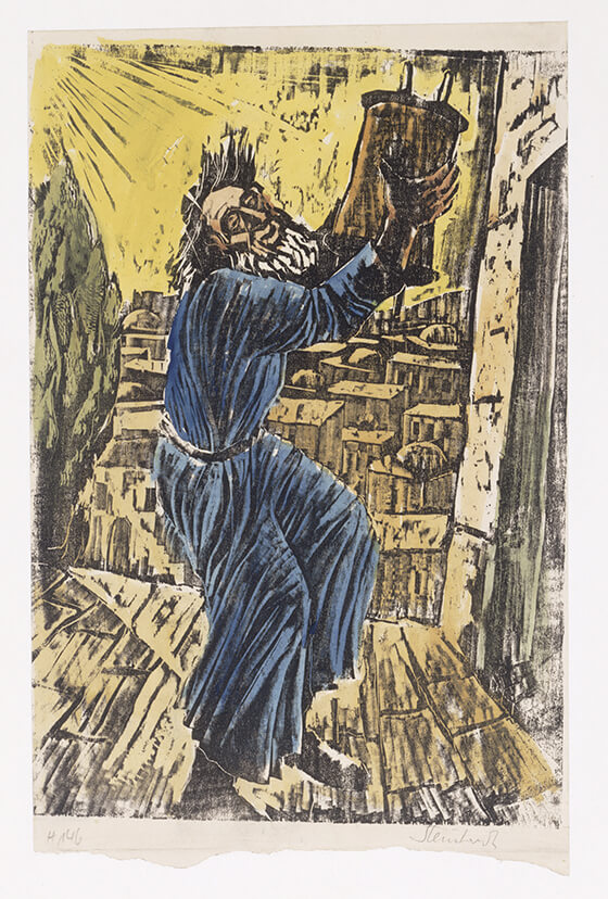 Woodcut showing a bearded man who holds up a Torah scroll and dances with it