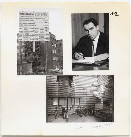 Two black-and-white photos of the factory and one portrait of Fritz Scherk signing a paper.