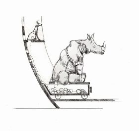 In the scetch a rhino sits on a waggon.