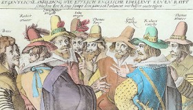 Kupferstich einer Gruppe von Männern in einer Unterhaltung