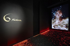 Ein schwarz gestrichener Raum mit Steinen am Boden, auf einer Wand steht in goldenen Lettern »6 Satan«, an einer anderen Wand eine Videoprojektion